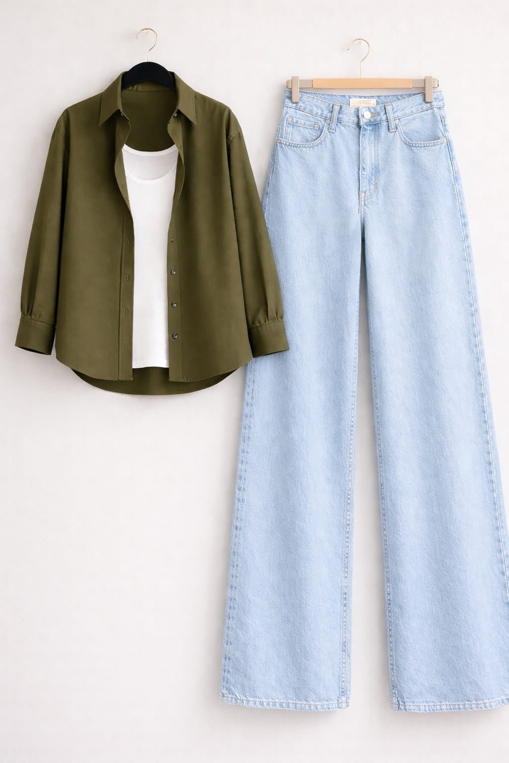 OLIVE GREEN BUTTON DOWN SHIRT WITH INNER & ICEBLUE WIDE LEG JEANS
