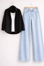 BLACK BUTTON DOWN SHIRT WITH INNER & ICE-BLUE WIDE LEG JEANS