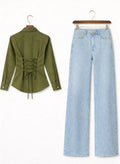 Olive Green Fitted Button Down Shirt & Ice-Blue Wide Leg Jeans