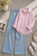 Pink Striped Button Down Shirt & Ice-Blue Wide Leg Jeans