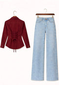 Maroon Fitted Button Down Shirt & Ice-Blue Wide Leg Jeans