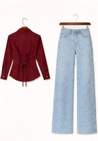 Maroon Fitted Button Down Shirt & Ice-Blue Wide Leg Jeans