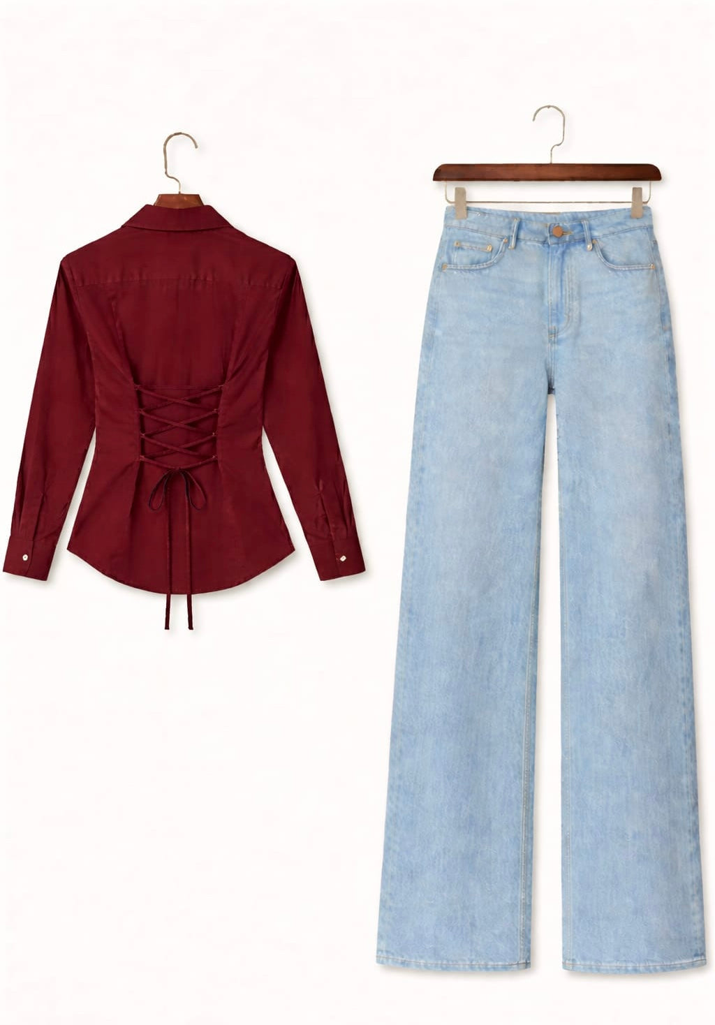 Maroon Fitted Button Down Shirt & Ice-Blue Wide Leg Jeans